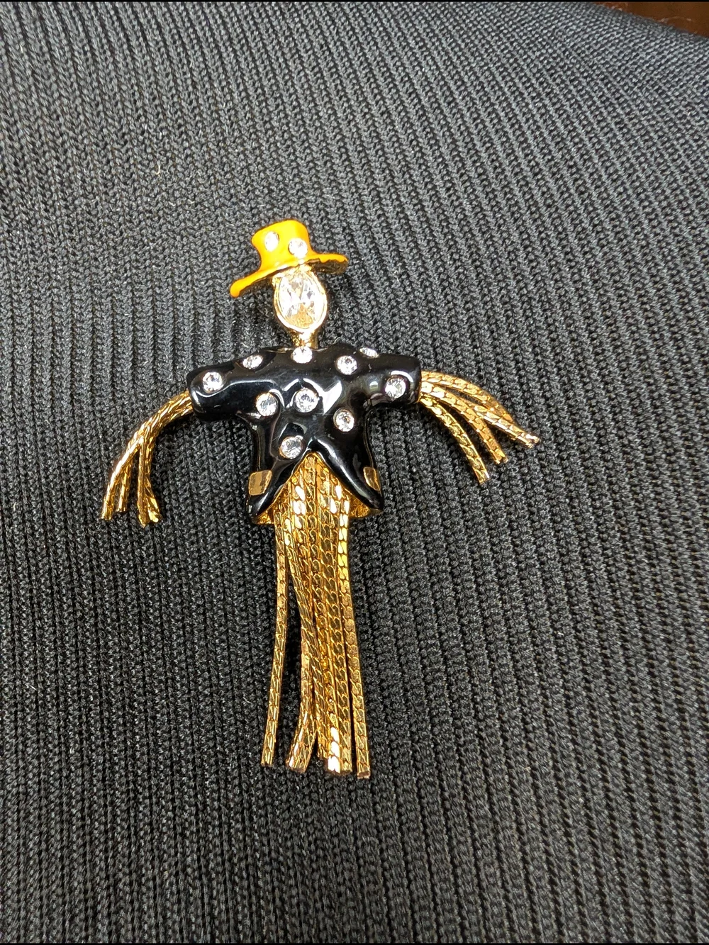 Scarecrow Brooch Lapel Pin Chain Legs & Arms Orange Hat Black Shirt Faux Gems 2